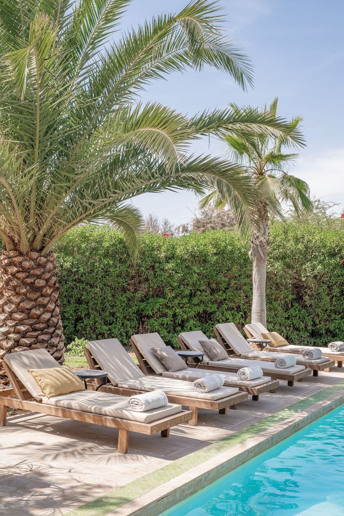 Transats et piscine Villa Aima palmiers en gros plan Marrakech